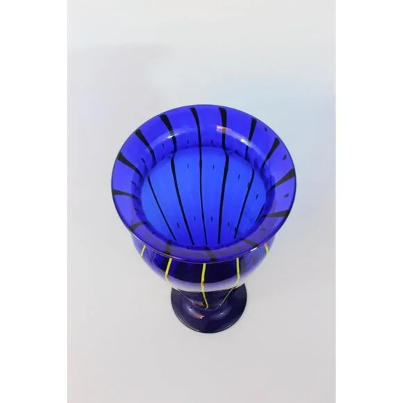 Hand Blown Cobalt Blue Art Glass Vase 12” Pulled Line Design Pedestal Foot Mexic